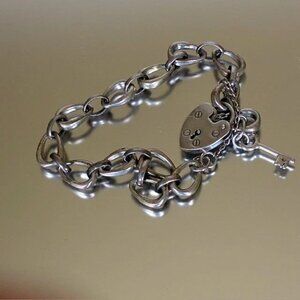 Vintage Sterling Silver Charm Bracelet with Puffy Heart w/ Key and safety chain